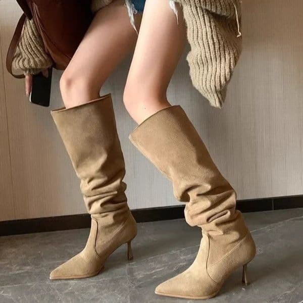 Womens Autumn Boots High Heels Knee High Chelsea er Shoes Sexy Elegant Moccasin Vintage Fashion Black Trend 250122