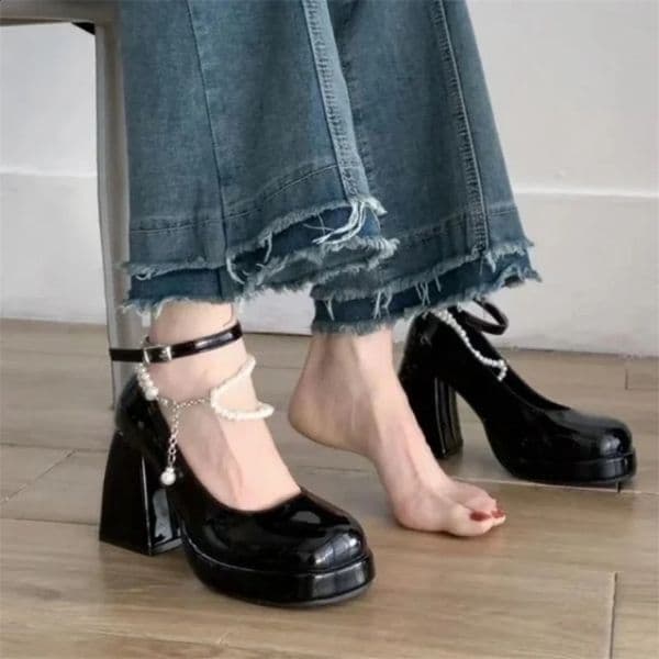 womens high heels elegant bow square toe black high heels fashionable thick high heels wedding party pearl lace wedding shoes 241223