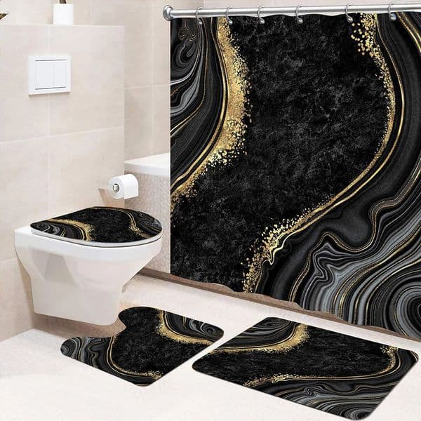 4pcs Set Doormat Shower Curtain with Non-Slip Rugs Toilet Seat Cover Bath Carpet Durable Waterproof Bathroom Home Entrance Decor 240902