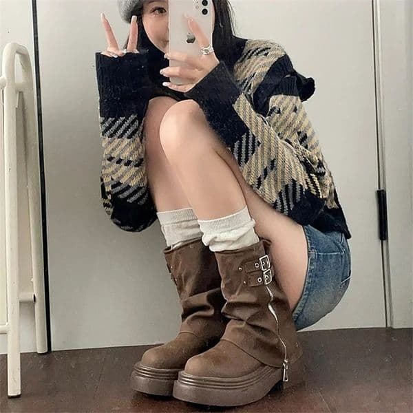 Chunky Women Short Boots Fashion Side Zippers Platform Thick Heel Motorcycle Booties Retro Style Autumn Winter Female Shoes 250103bj