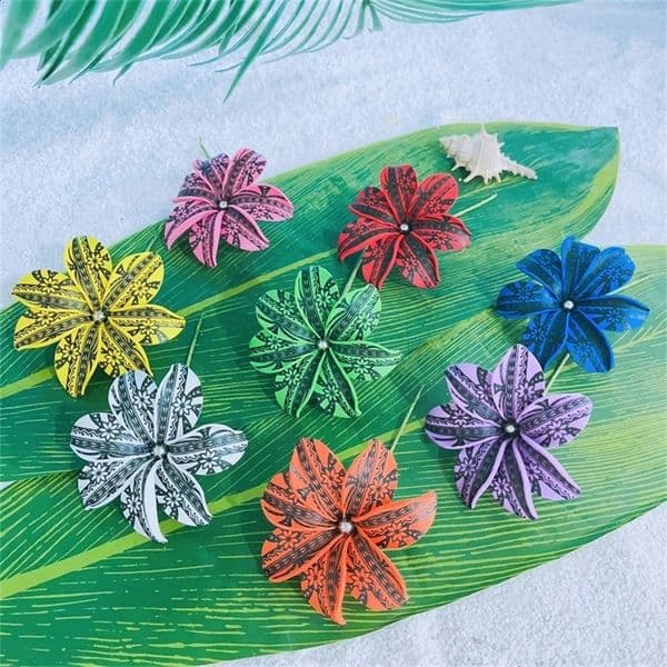 8PCS 9CM Foam Print Tiare Flower Hair Stems With Pearl for Women Tropical Island Hawaiian Polynesian Party Hair Clip 250420bj