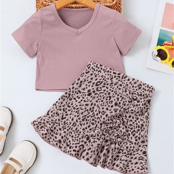 Toddler Girls Solid Tee & Leopard Print Knot Ruffle Hem Skirt SHE