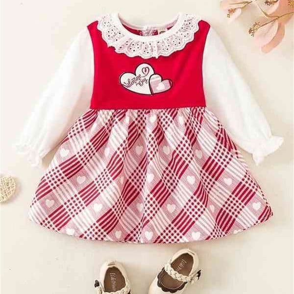 Baby Letter And Heart Embroidery Plaid Eyelet Embroidery Trim Dress SHE