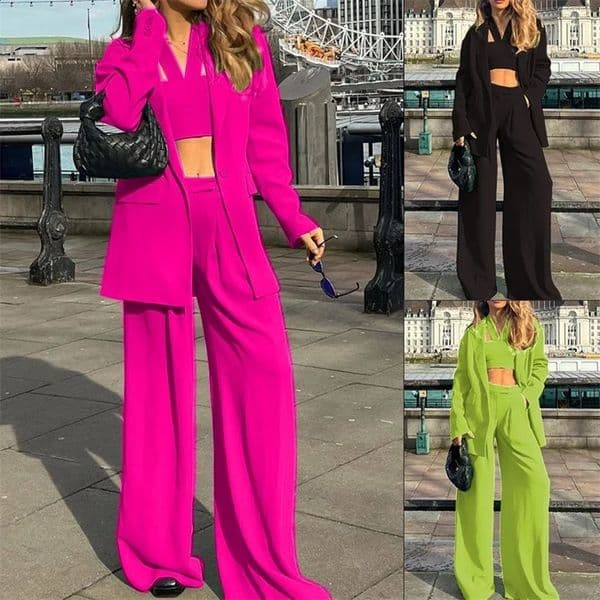 Women Tracksuit Three Pieces Set Turn Down Collar Cardigan Single Button Solid Outerwear Pockets Wide Leg Pants Office Lady 240810