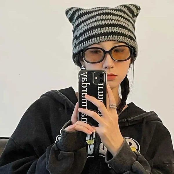 Korean Style Handmade Crochet Caps Cat Ears Woman Winter Hat Striped Woman Winter Hat Pointed Pullover Hats Y2K Wool Knitted Z260428