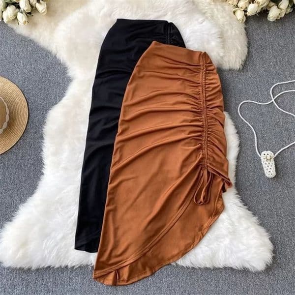 Sexy Draped Irregular Lace up Drawstring Folds Midi Skirt High Split Dress Women Clothes Office Lady Wrap Buttock Elegant Solid 250427