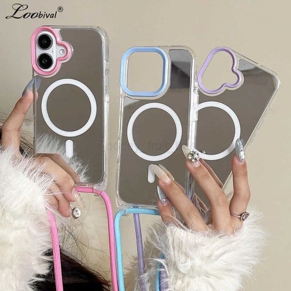 for Mirror Crossbody Strap Case for iPhone 16 15 14 Pro Max 13 16Pro 15Pro Magnetic Make Up Lanyard Shockproof Cover T250923