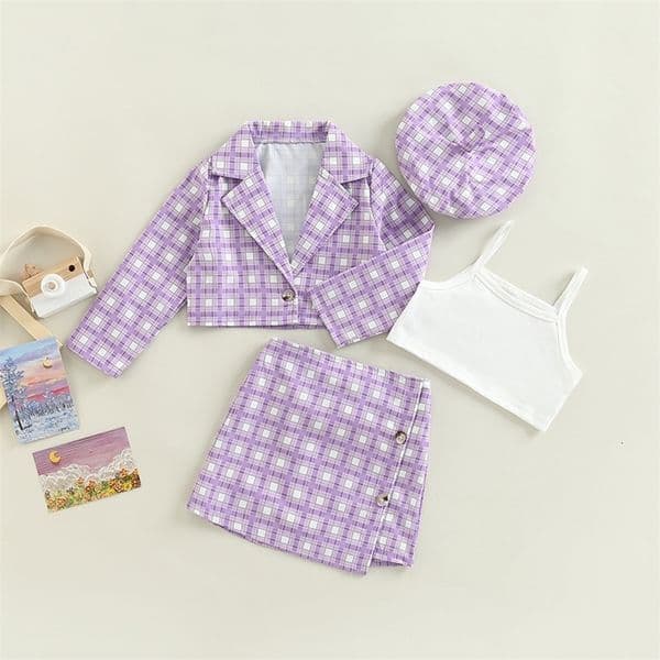 Clothing Sets 3 7Y Kids Girls Autumn Clothes Set 4Pcs Baby Long Sleeve Plaid Tops Blazer Vest Buttons Skirt Beret Hat Children Outfits 221118