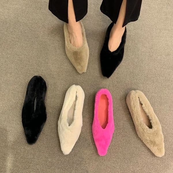 Fashion Pointed Toe Fur Ballet Flat Woman Winter Warm Plush Shallow Loafer Ladies Concise Furry Heeled Dress Shoes Zapatos Mujer 241126