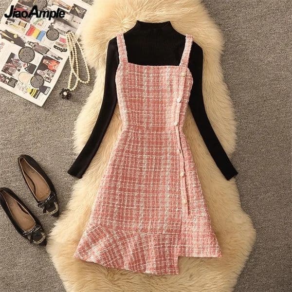 Autumn Winter Women Graceful Pink Tweed Vest Dress Sweater 1 or 2 Piece Set Asymmetric Overall Tank Dresses Knit Tops Outfits 240708