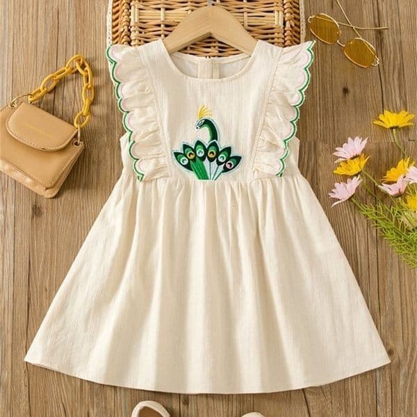 Toddler Girls Peacock Embroidery Scallop Trim Dress SHE