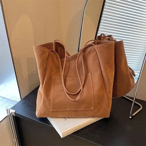 Women Suede Tote Bag Large Capacity Top Handle Purse with External Pocket Purses and Handbags Commuting Tote Bag for Work Travel 241228
