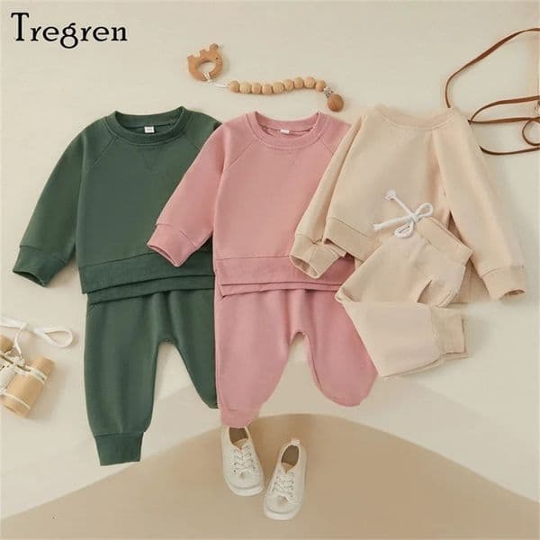 Clothing Sets Tregren 03Years Toddler Baby Boys Clothes Fall Outfits Solid Color Crew Neck Long Sleeve Sweatshirts Pants 2Pcs Set Tracksuit 231025