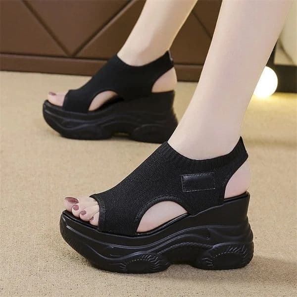 Summer Knitted Fish-mouth Shoes Fairy Wind Cake Sole High Heel Flying Weave Slope Heel Thick Sole Sports Womens Sandal 240528