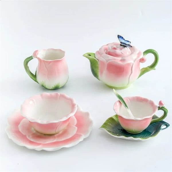 Rose ceramic cup Ceramic ceramic cup Ceramic ceramic cup Simulated flower shaped tea set Teapot Butterfly bud cup Coffee cup and cup set 240830bj