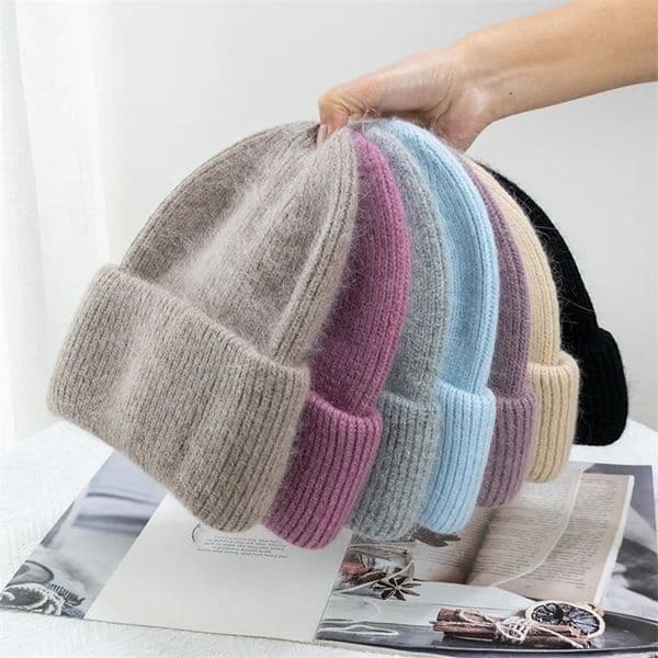 Beanie/Skull Caps Fashion Warm Cashmere Wool Skullies Angola Rabbit Fur Winter Knitted Beanies Women Cap Female Three Fold Ski Outdoor Hats 231128