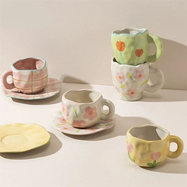 Vintage Coffee Cup and-painted Tulip Plaid Flower Ceramic Cup Milk Saucer Set Breakfast Cup With Handle Microwave Oven Mug 240626