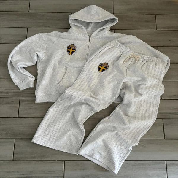 Fall vintage striped embroidery zipper two-piece hooded top sweatpants suit mens hip-hop embroidery oversized sports suit 250213