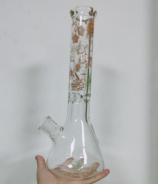 14 Inch Clear Glass Water Bong with Unique Pattern Design - Durable Beaker Style Smoking Pipe