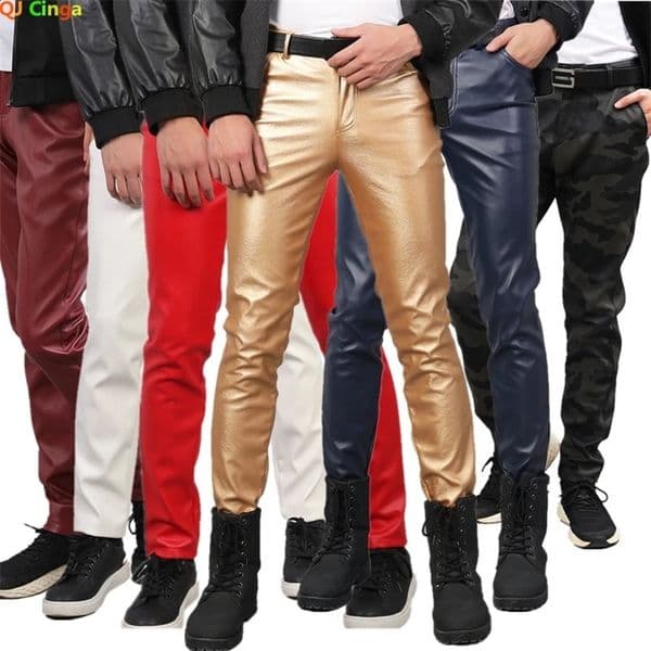 Mens Leather Pants Fashion Slim PU Trousers Red Blue Black Gray White Pantalones Hombre 240816
