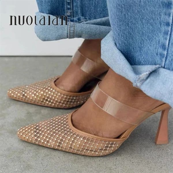 womens sandals sexy rhinestone mesh pointed toe straps elegant party high heels womens summer shoes 240925