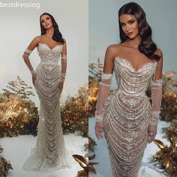 2025 Luxury Pearl Mermaid Wedding Dresses Strapless Bridal Gowns Beading Tassel Appliques See Through Illusion Sweep Train Robe Bride Dresses 0923