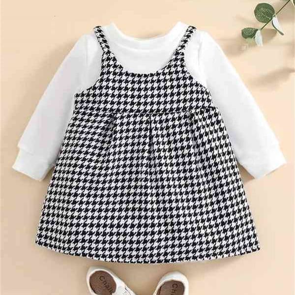 Baby Solid Sweatshirt & Houndstooth Print Tweed Cami Dress SHE