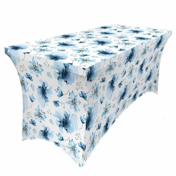 Watercolor Blue Flowers In Spring Rectangular Elastic Table Skirt Wedding Hotel Table Cover Holiday Dining Table Tablecloth 240530