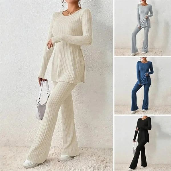 Women Suit Set Stylish Womens Knitted Two-piece Suit Set with Long Sleeve Ribbed Top High Waist Flared Trousers for Fall 240820