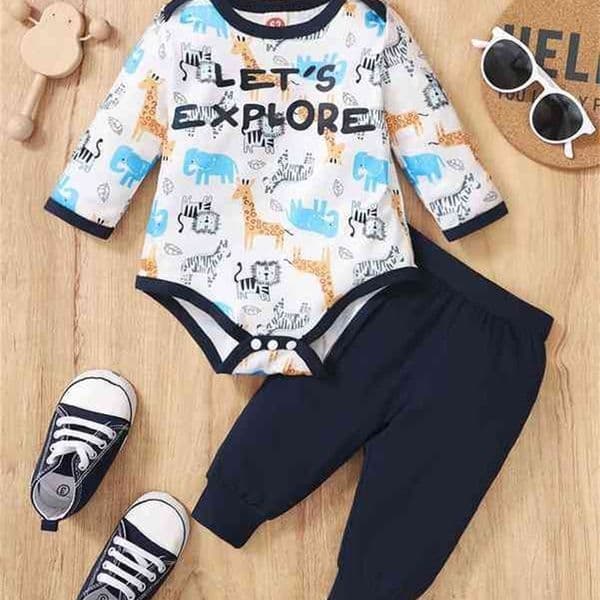 Baby Cartoon And Letter Graphic Contrast Binding Bodysuit & Sweatpants SHE