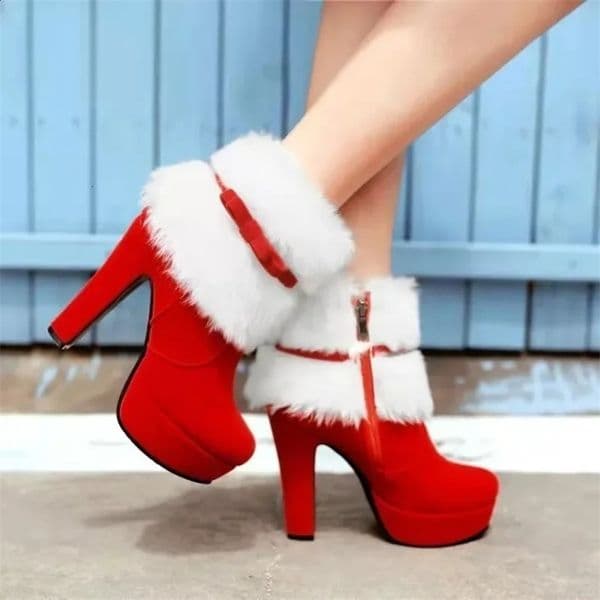 Winter womens ankle boots Christmas high heels platform shoes womens warm fur short boots red and black womens party shoes plus size 241121bj