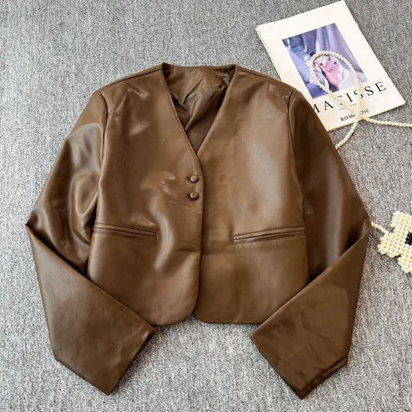 Autumn and winter solid color leather jacket V-neck loose and slimming leather jacket V-neck PU button jacket 241010