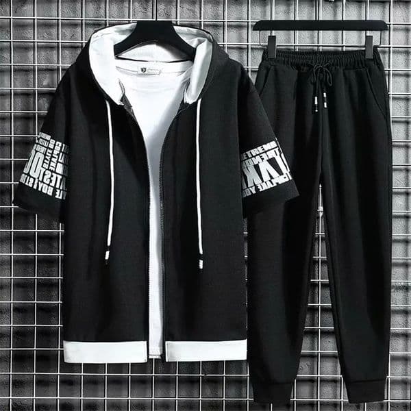 Mens Sets Hooded Zipper Short Sleeve Tops Elastic Waist Trousers Men Clothing Two Piece Set Korean Streetwear Tracksuit Men 240202