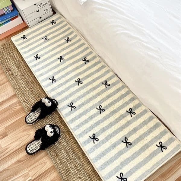Cute Beige Living Room Decoration Carpets Bow Pattern Bedroom Bedside Carpet Line Stripes Girl Room Rug Soft Fluff Balcony Rugs 240603