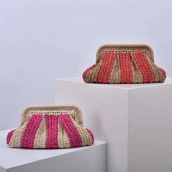 Fashion Striped Straw Clutch Bag Casaul Shell Paper Woven Women Shoulder Crossbody Bags Handmade Summer Beach Bag Bali Purse 240703
