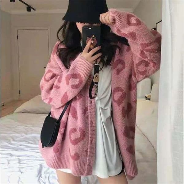 Vintage Knitted Cardigan Women Autumn Winter Korean Elegant Loose Sweater Jacket Casual All Match Leopard Printed Top Coat 240812
