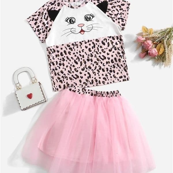 Girls Cartoon Print Tee & Mesh Skirt Set SHE