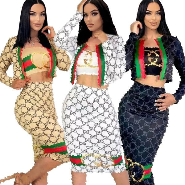 Y71375 Women's Autumn New High Elasticity Crop Top Vest Dress Three-Piece Set