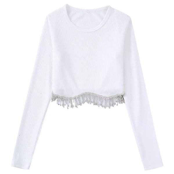 Women's Blouses Shirts Zevity Women Fashion O Neck Black White Color Knitting Short Blouse Female Hem Diamond Tassel Slim Shirt Chic Blusas Tops LS1899 230316