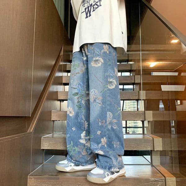 American Street Flower Printed Mens Jeans Y2K Retro Denim Trouser Hip Hop Fashion Wide Leg Pocket 250312