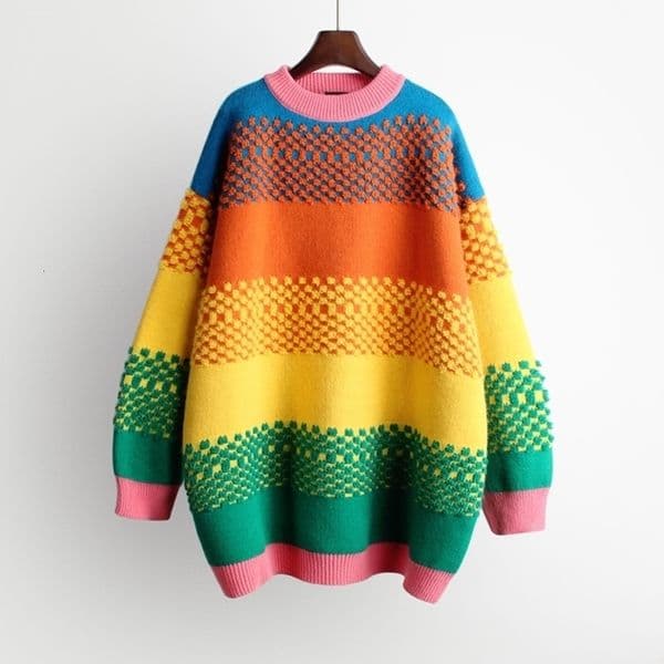 H.SA pull femme nouveaute Women Warm Rainbow Sweater and Pullovers Coloful Striped Knitwear Long Oversized Pull Sweaters 210218