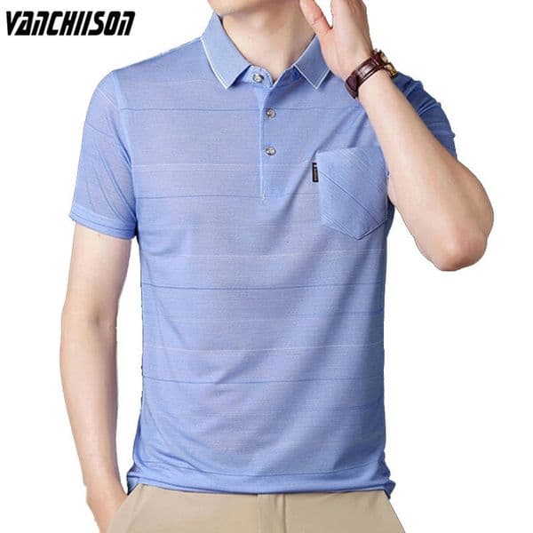 Middleage Summer Tops Short Sleeve Smooth Polo Shirt Stripes Casual 95% Polyester Male Fashion Clothing Pocket 00029 240401