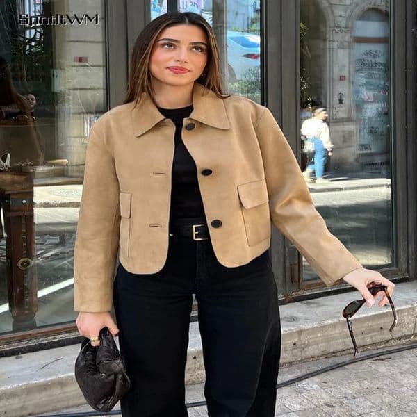 Fashion Suede Leather Long Sleeve Cropped Jacket Women Casual Lapel Single Breasted Pockets Coat Autumn Lady Streetwear 240904