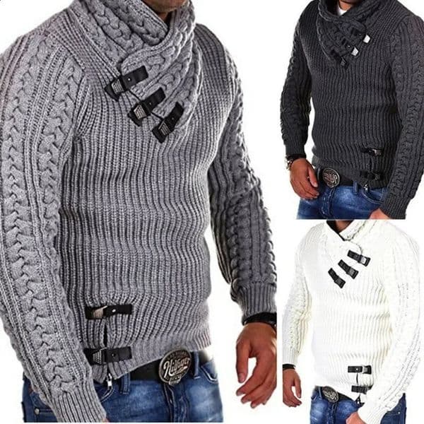 Europe and The United States Mens Sweater Longsleeved Leather Buckle Knitted Top Pullover Clothing 240123