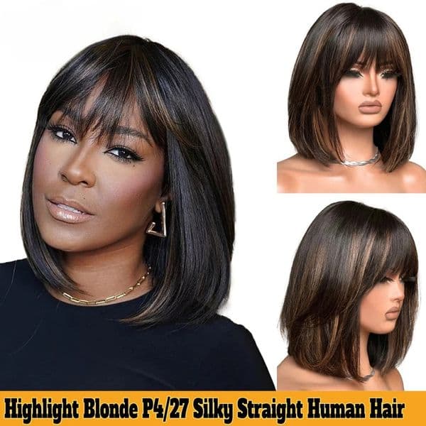 Highlight Ombre Blonde Short Bob Lace Front Wig With Bangs Bone Straight Human Hair Wigs 13x6 HD Lace Frontal Wig Brazilian Hair Ready To Wear For Women
