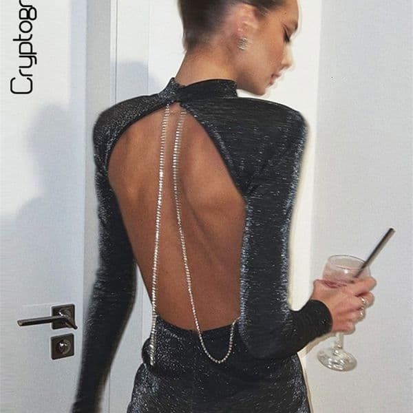 Casual Dresses Cryptographic Sexy Backless Chain Glitter Party Dress for Women Clothes Vestido Elegant Outfits Autumn Long Sleeve Mini 230216