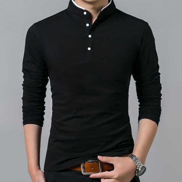 Spring Mens Tshirt Long Sleeve Stand Basic Solid Blouse Tee Shirt Top Casual Cotton T-shirt Men Undershirt 210707