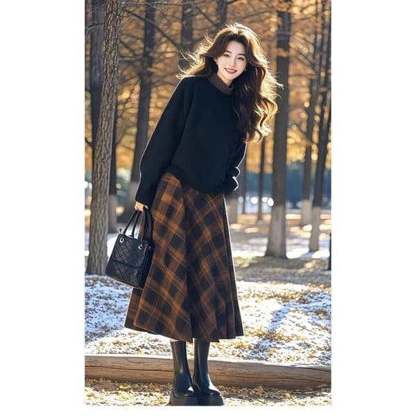 Autumn Winter Women Black Sweater Contrast Plaid Skirt Agereducing Suit Korean Knit Twopiece Set 250924BJ