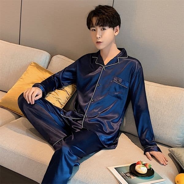 Men's Sleepwear Spring Men Long Sleeve Pajamas Set Solid Satin Homewear Silk Man Sleepwear Suit Casual Turn-Down Collar Pyjamas Male Sleep Tops 230320