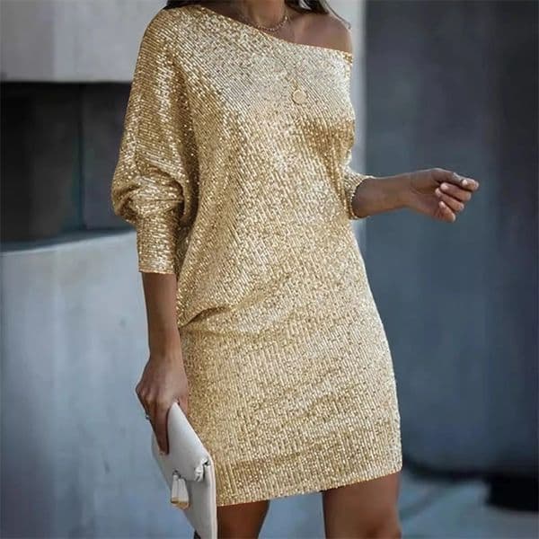 Fashion Sequined Evening Party Dresses Women Diagonal Collar Sleeves Mini Prom Dresses Elegant Sparkly Gown Formal Vestidos 241202